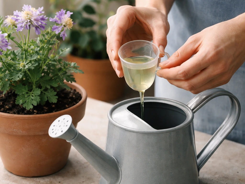 Hands pouring diluted liquid fertilizer beside a potted columbine plant.