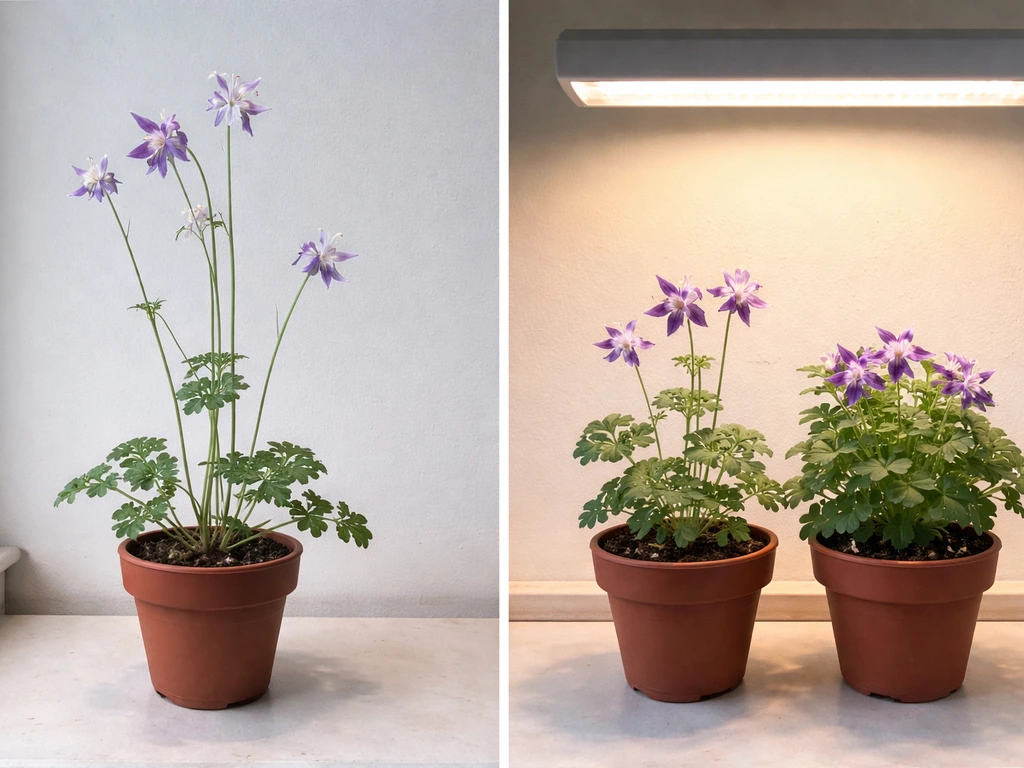 Side-by-side indoor columbine: one leggy and one compact under a grow light.