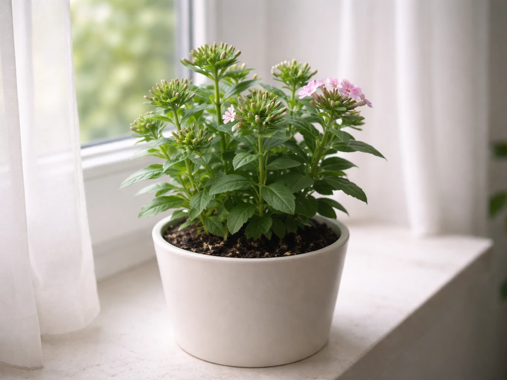 Indoor potted phlox with compact growth and visible buds by a bright window