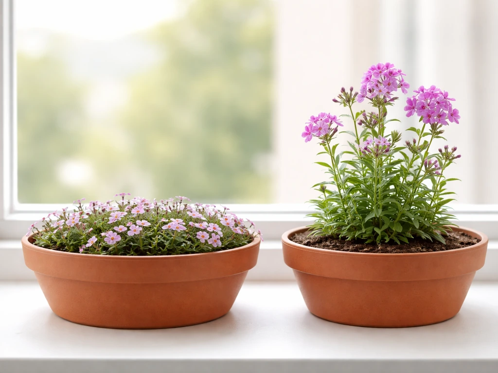 Side-by-side pots of low creeping moss phlox and taller garden phlox on an indoor windowsill.