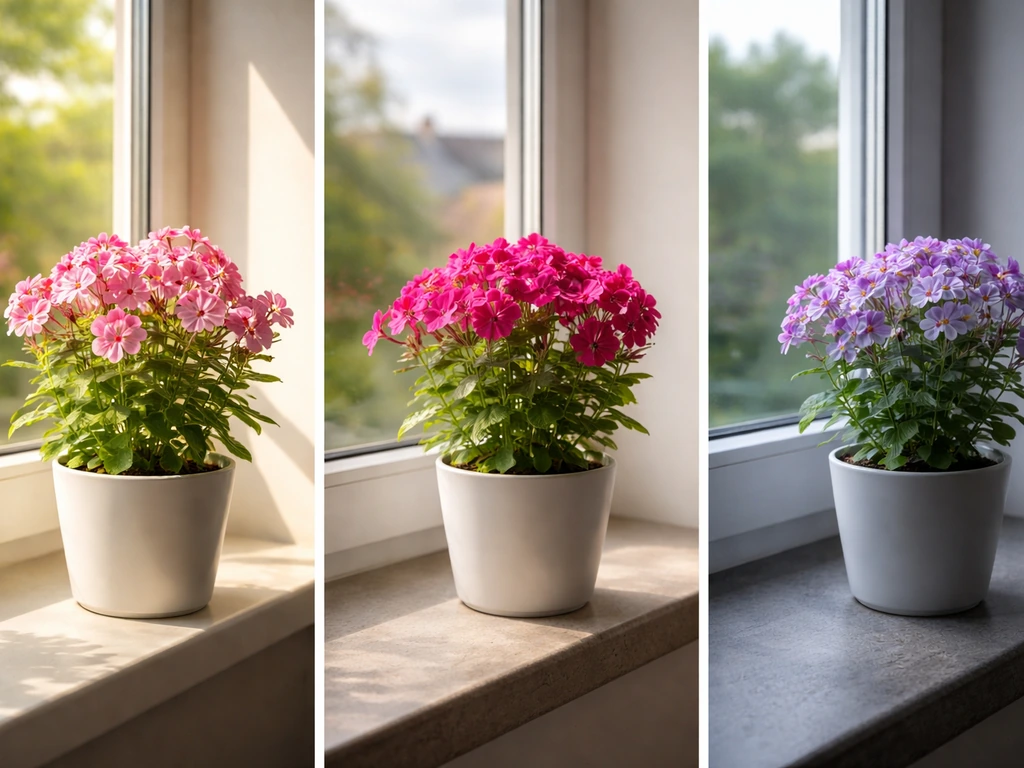 Three potted phlox plants by windows showing stronger sunlight on the south-facing side.