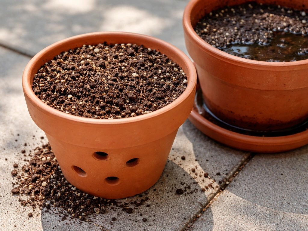 Terracotta pot with visible drainage holes filled with well-draining potting mix beside a waterlogged-looking tray.