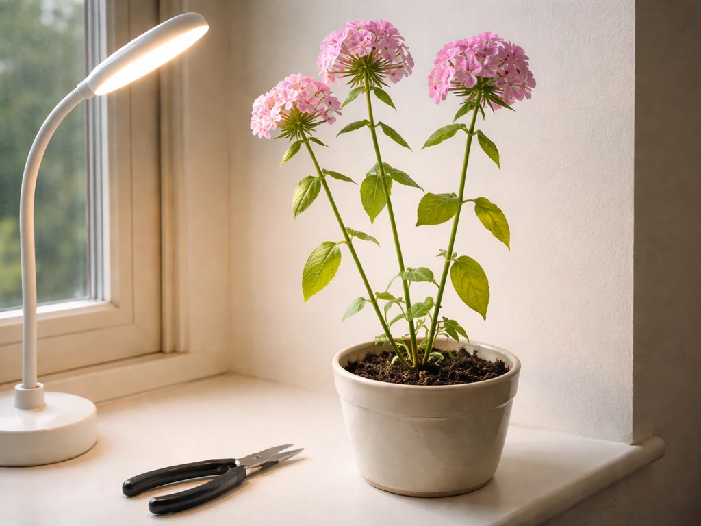 Close-up of indoor phlox with leggy stems and yellowing leaves next to a bright window for light-focused troubleshooting
