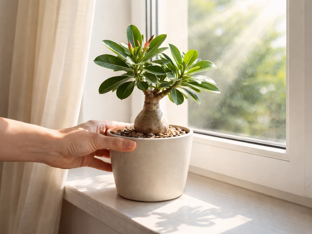 Desert rose in a pot being adjusted near a south-facing window for direct sunlight.