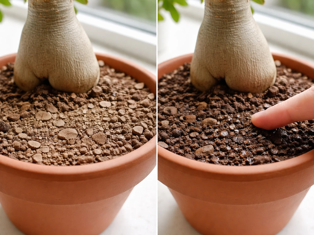 Split view of dry vs freshly watered indoor desert-rose soil, with a finger checking moisture on the wet side.