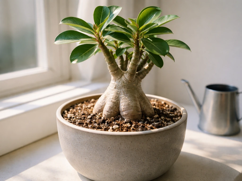 Close-up of a desert rose caudex in a pot near a sunny window with a small watering can nearby