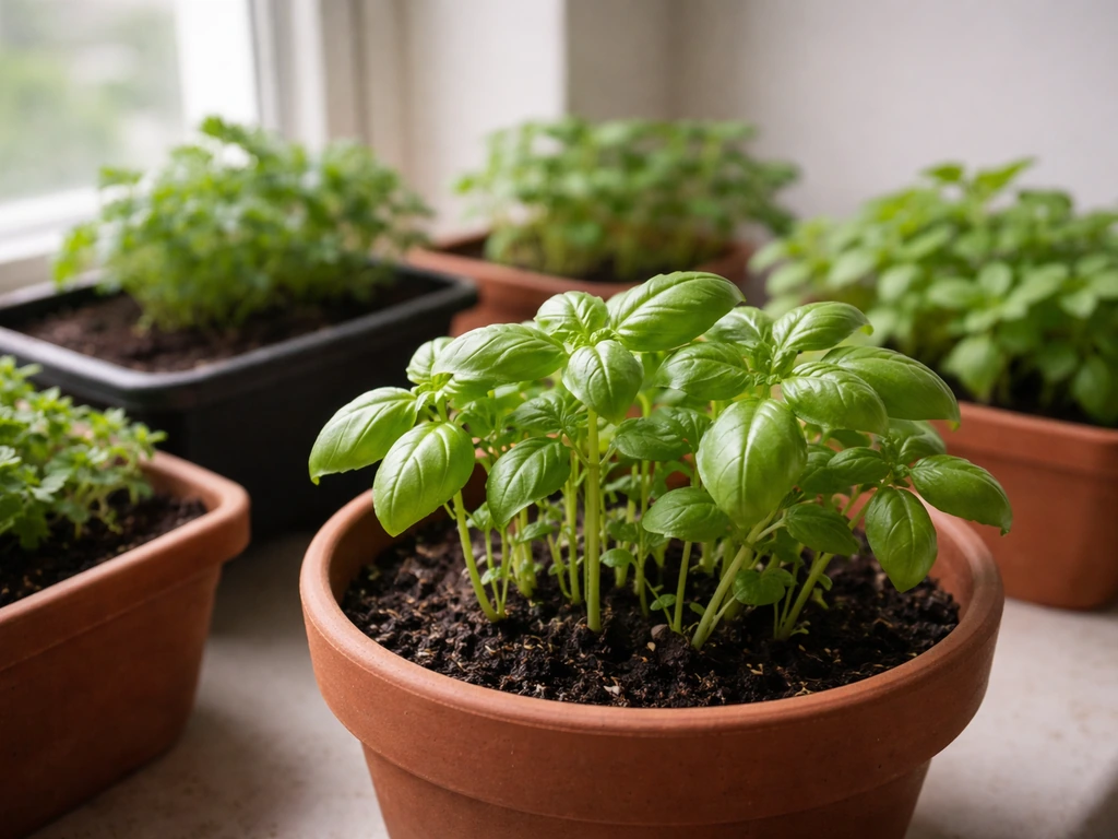 Fresh basil and leafy greens in small indoor pots and trays with bright new growth