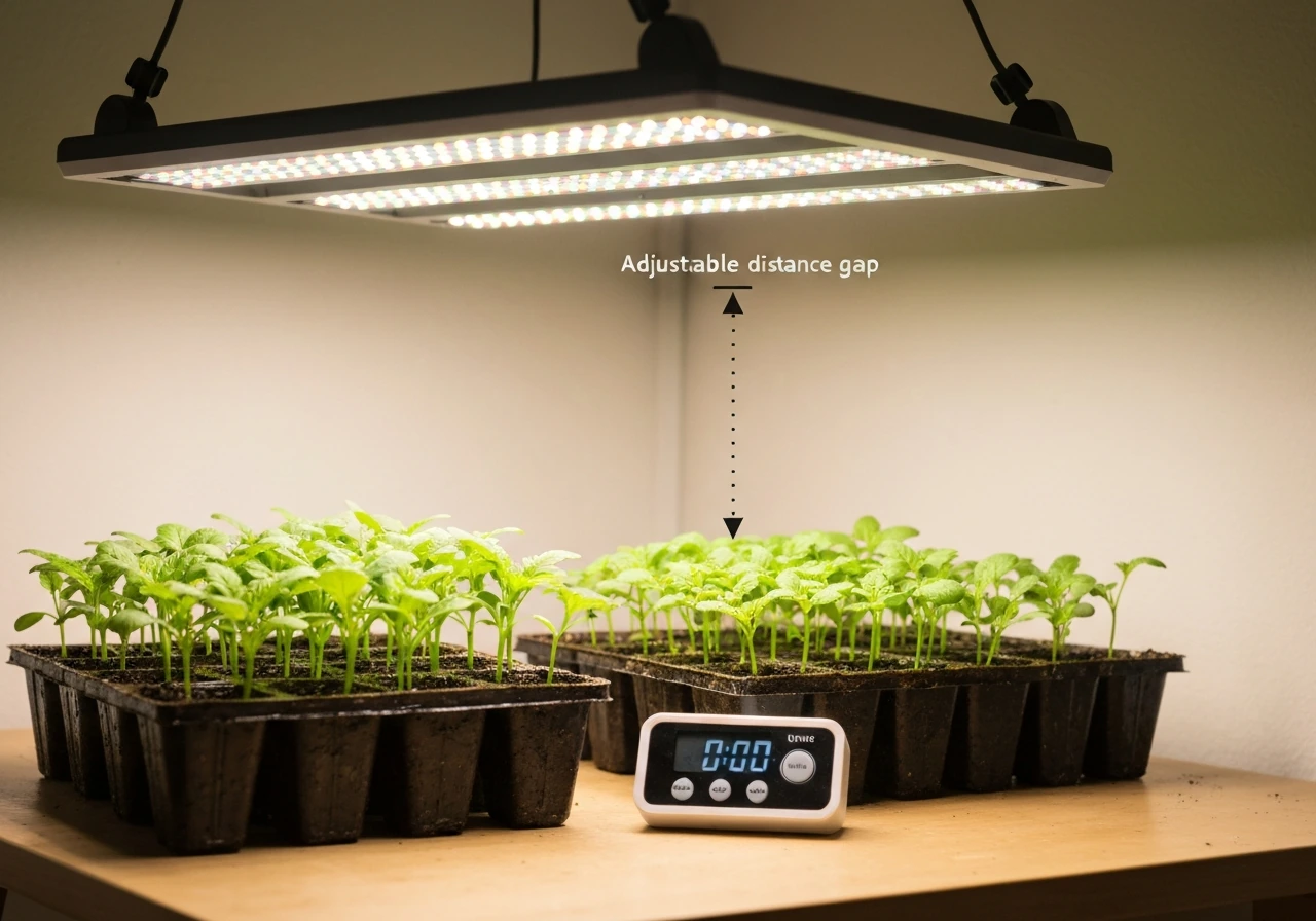 Seedlings under a grow light with a small timer beside the light setup, showing day-length timing