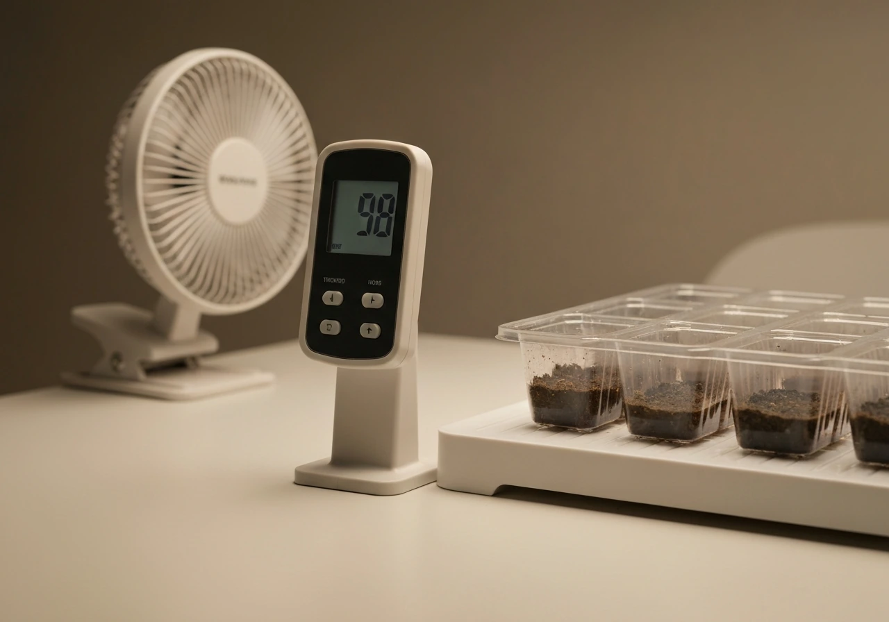 Close-up of a germination tray on a heat mat next to a thermometer/hygrometer in a simple indoor setup.