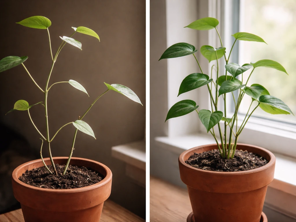 Close-up of a leggy indoor plant in dim light beside the same plant moved near a bright window.