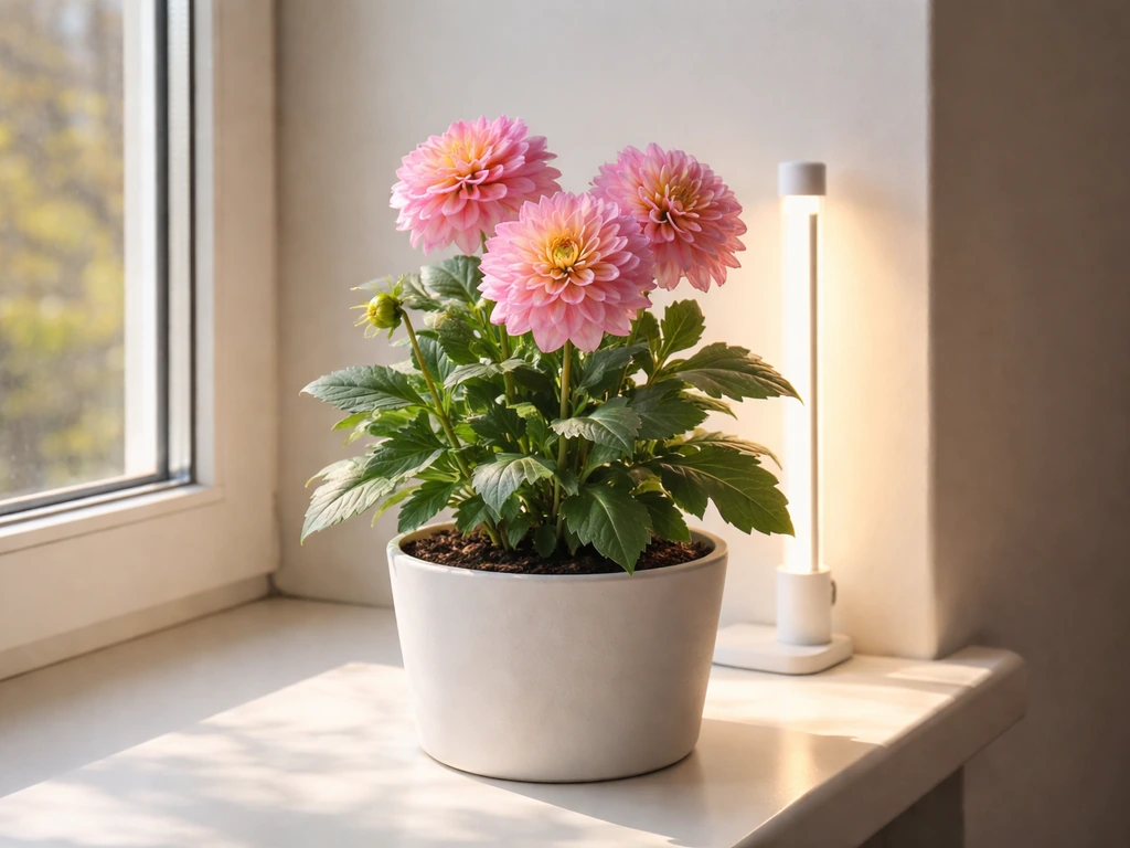 Potted dahlia by a bright south-facing window, leaves lit; soft grow light glow in the background.