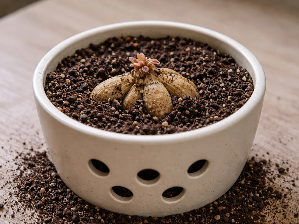 Close-up of a dahlia tuber planted in well-draining potting mix with drainage holes visible.
