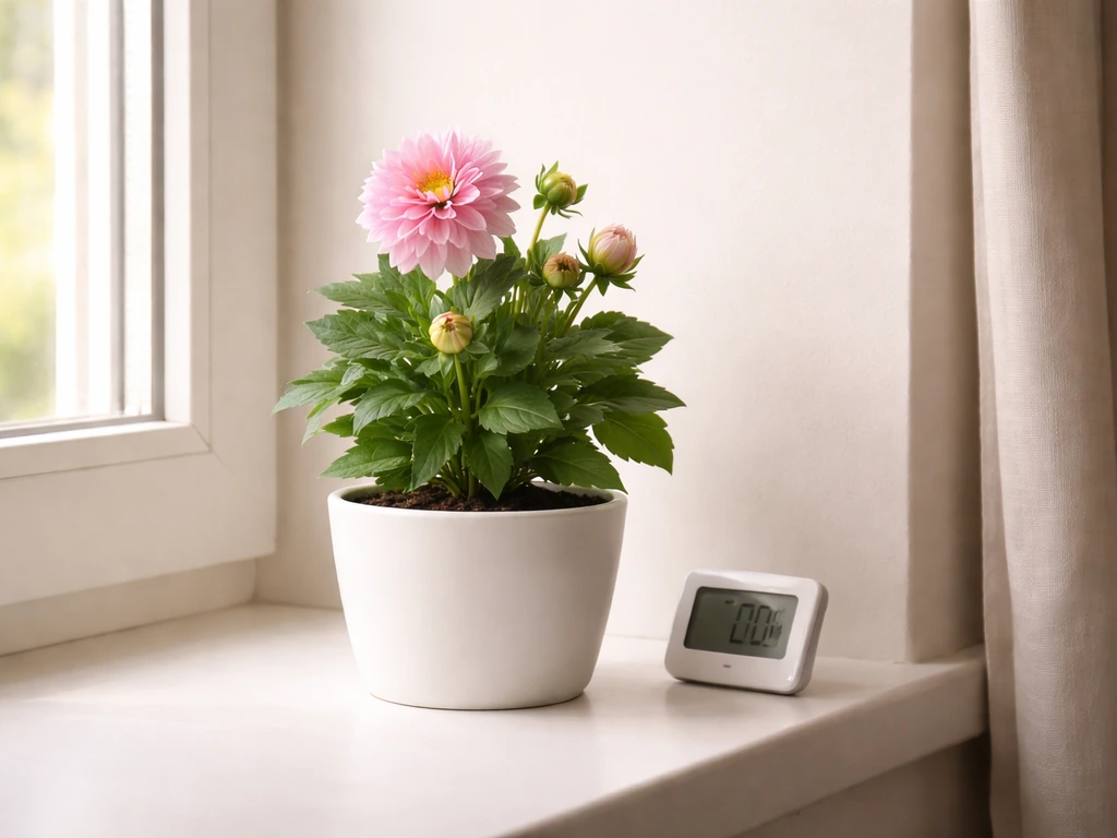 Digital thermometer on a windowsill next to potted dahlias in a bright room with no drafts