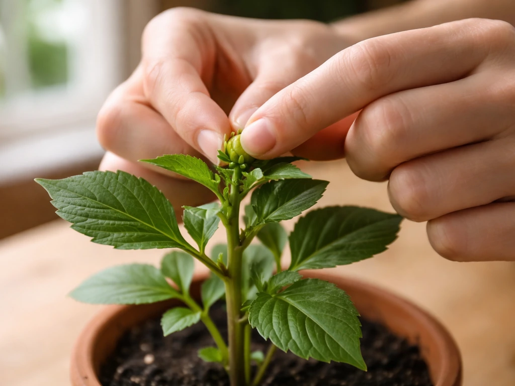 Hands gently pinching the growing tip of a young potted dahlia indoors to encourage branching.