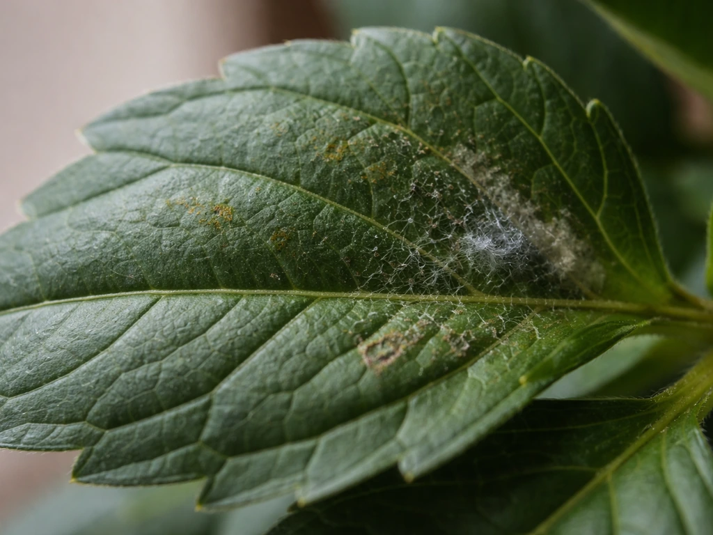 Macro close-up of a dahlia leaf showing spider-mite webbing, bronzing, and slight gray mold.