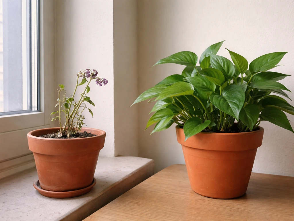 Stressed outdoor flower brought indoors beside a healthy indoor-adapted houseplant by a window.
