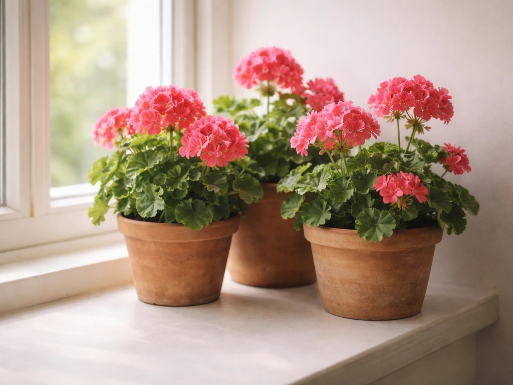 Blooming geraniums in terracotta pots grouped on a bright indoor windowsill.