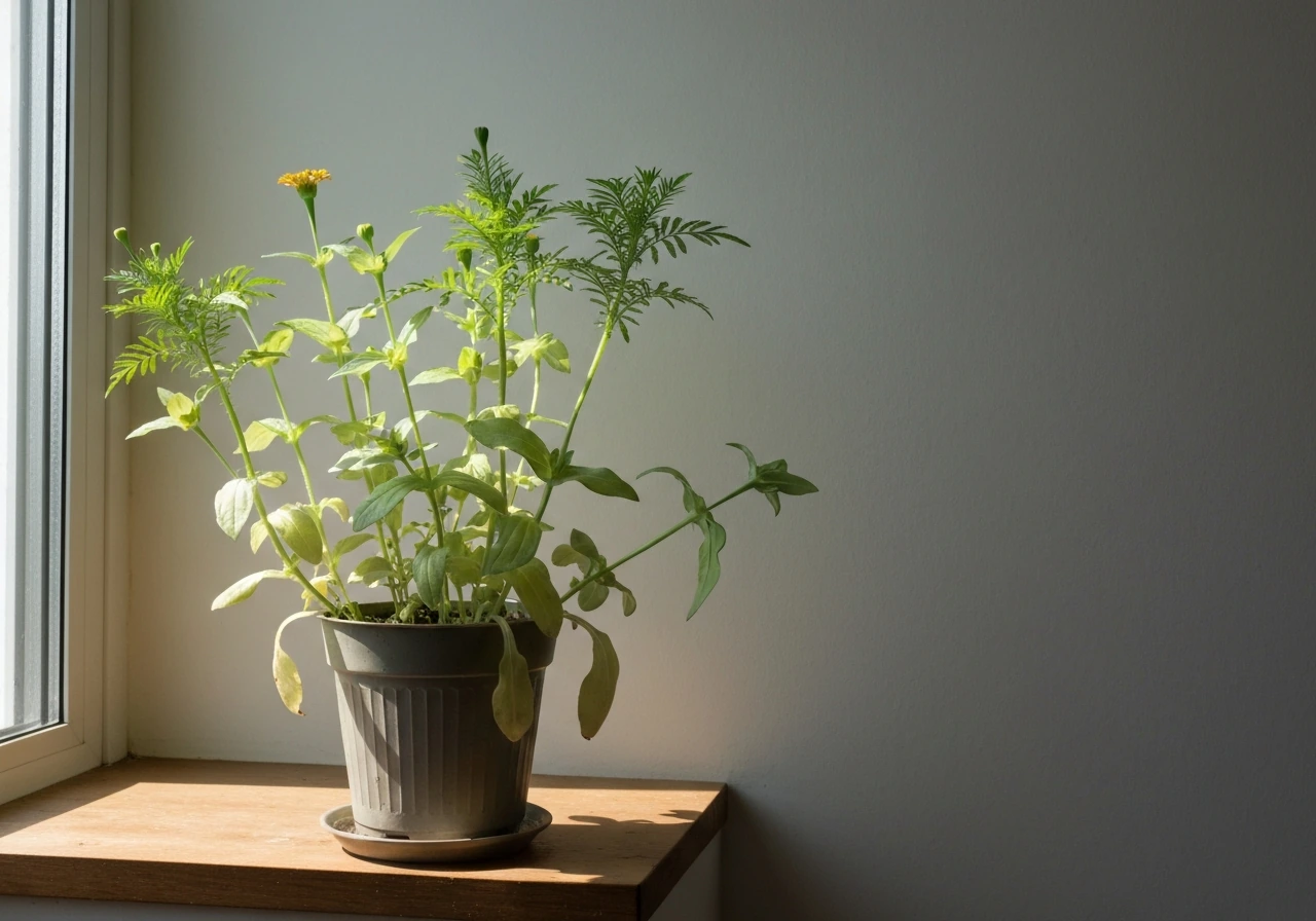 Leggy, pale sun-loving annuals in a small pot stretching toward a bright indoor window light.