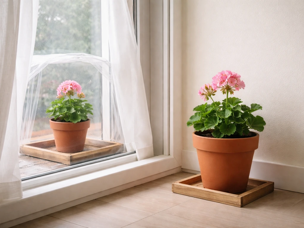 Potted outdoor flowers staged near a bright window, suggesting gradual acclimation indoors.