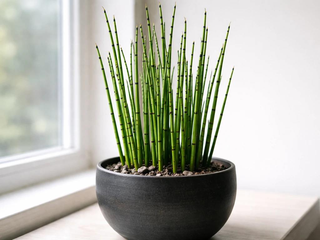 Indoor horsetail plant in a deep container with segmented green stems against a simple window-lit background.