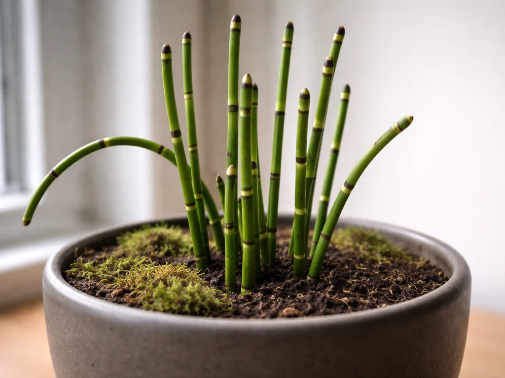 Close-up of horsetail stems growing in a small indoor pot