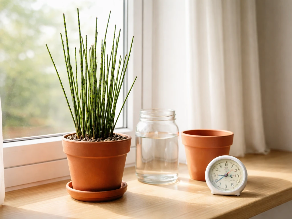 Bright windowsill with potted horsetail and an analog humidity/temperature gauge in daylight