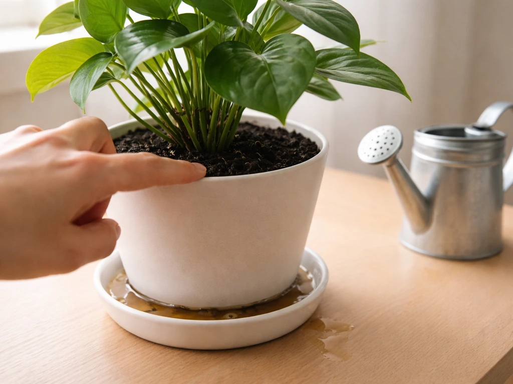 Hand pushing finger into pot soil, with a watering can nearby and visible runoff from drainage.