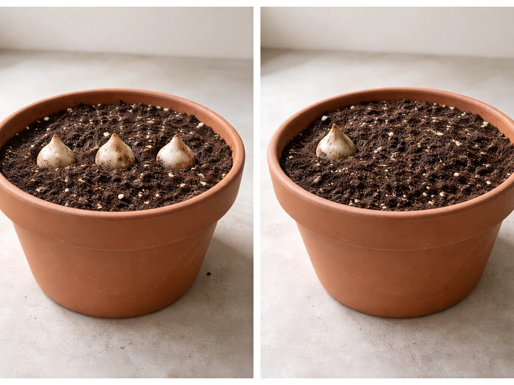 Side-by-side view of grape hyacinth bulbs planted at correct vs incorrect depth in a drainage-holed pot.
