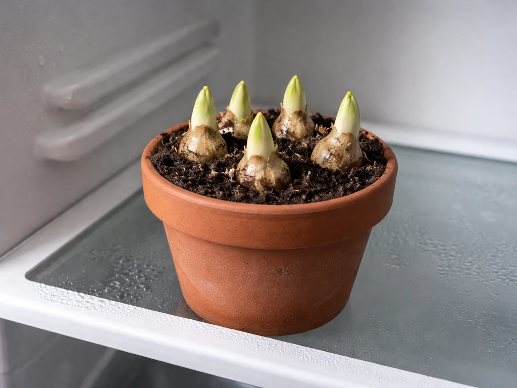Close-up of grape hyacinth bulbs in a forcing pot on a refrigerator shelf during chilling.