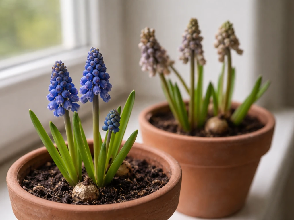 Grape hyacinth in a small pot with fresh blue blooms and faded spent flowers, on a sunny windowsill.