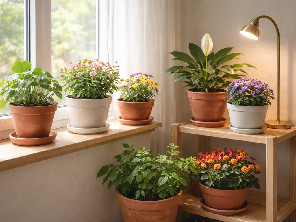 Assorted potted perennials thriving indoors under window light and warm grow lights