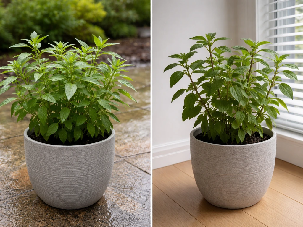 Two matching potted perennials: one outdoors thriving, one indoors near a window looking less vigorous.