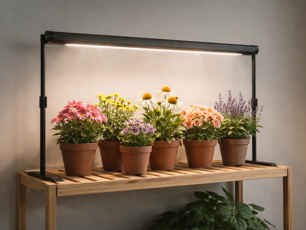 Desk grow light bar shining over potted flowering perennials on a simple shelving rack.