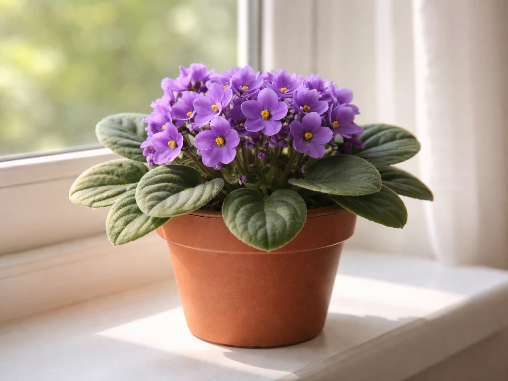 Purple African violet in bloom thriving on a sunlit windowsill in a simple pot.