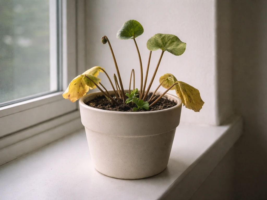 Cyclamen in a ceramic pot with yellowing leaves and subtle new green growth near the base.