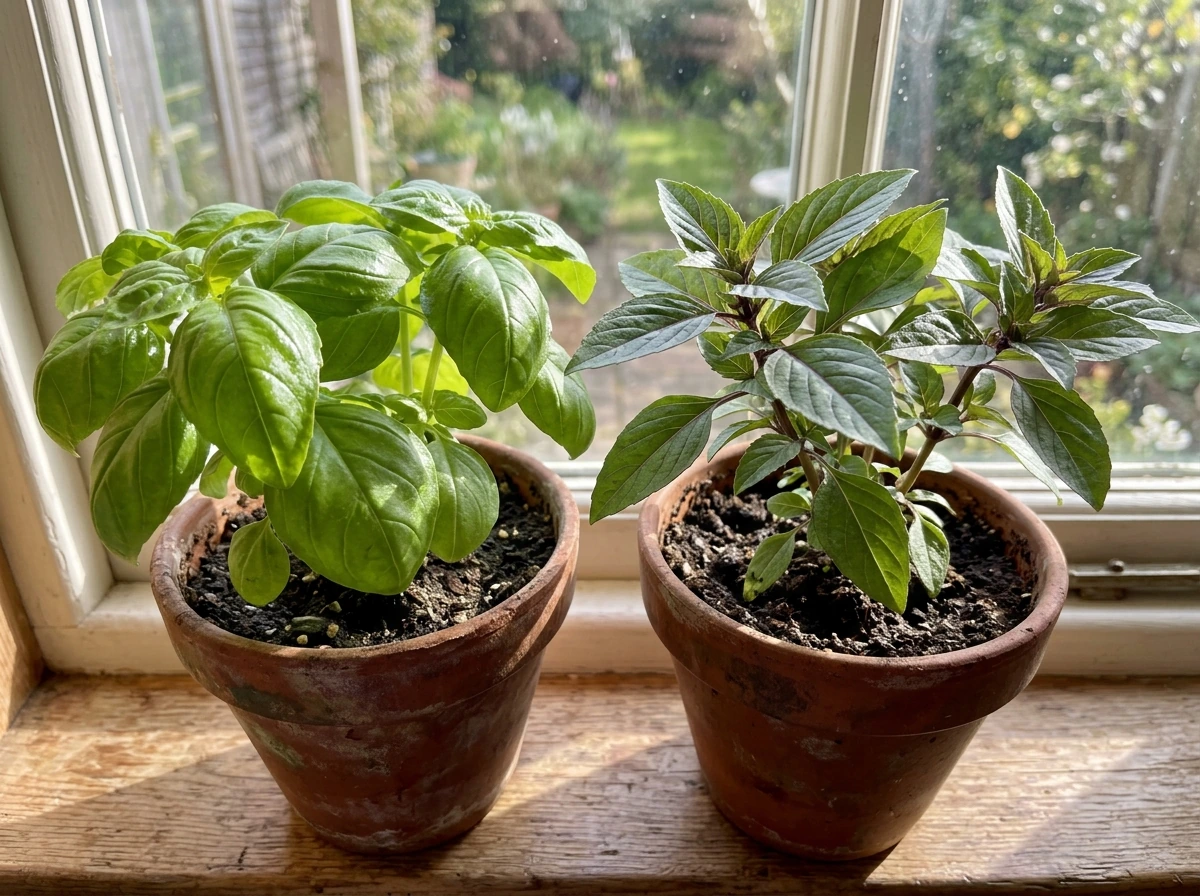 Fresh basil plants beside cinnamon basil in small pots on a sunny windowsill