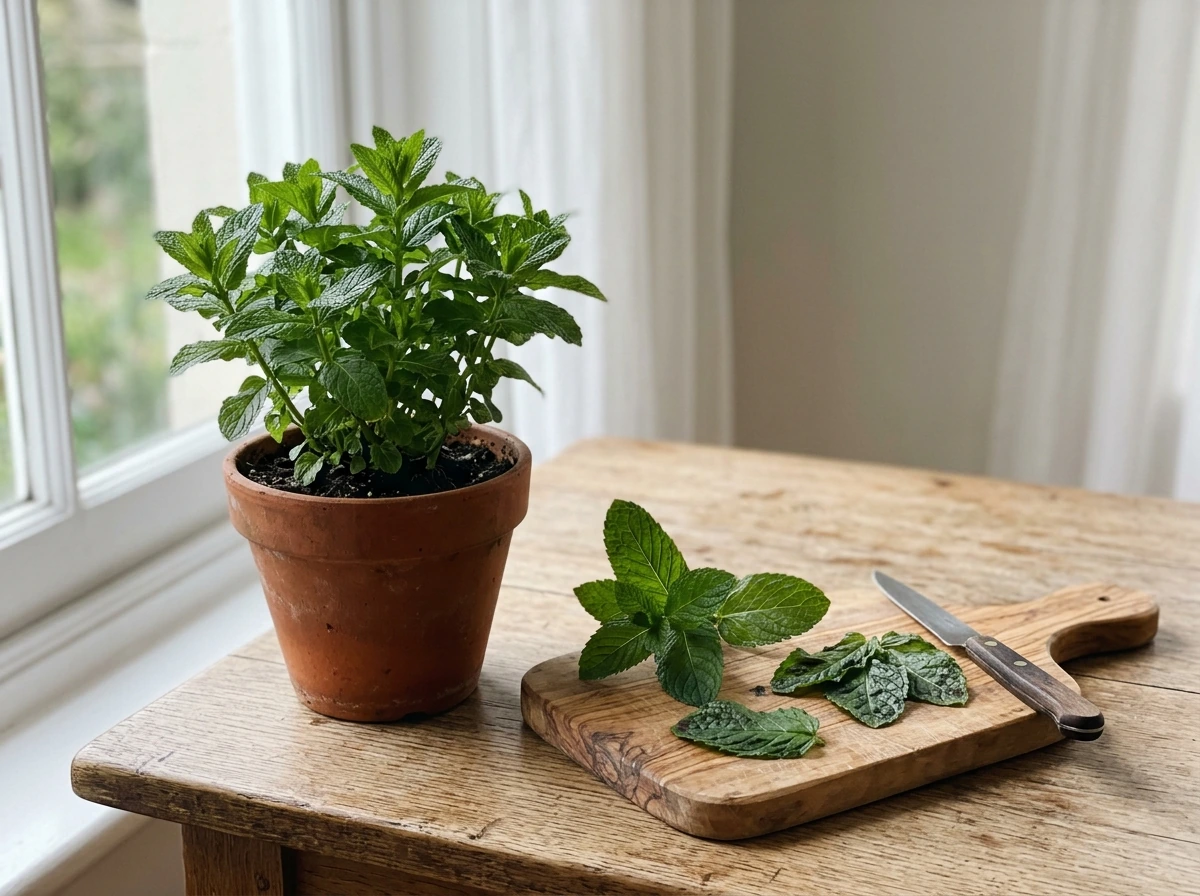Mint cutting board scene with mint leaves showing menthol look