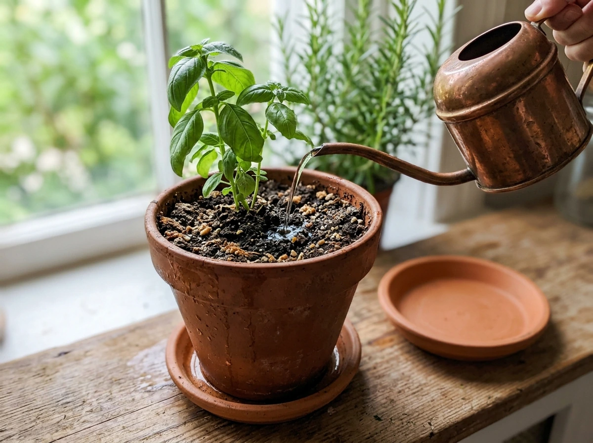 Watering herbs: well-draining pot mix with moisture check