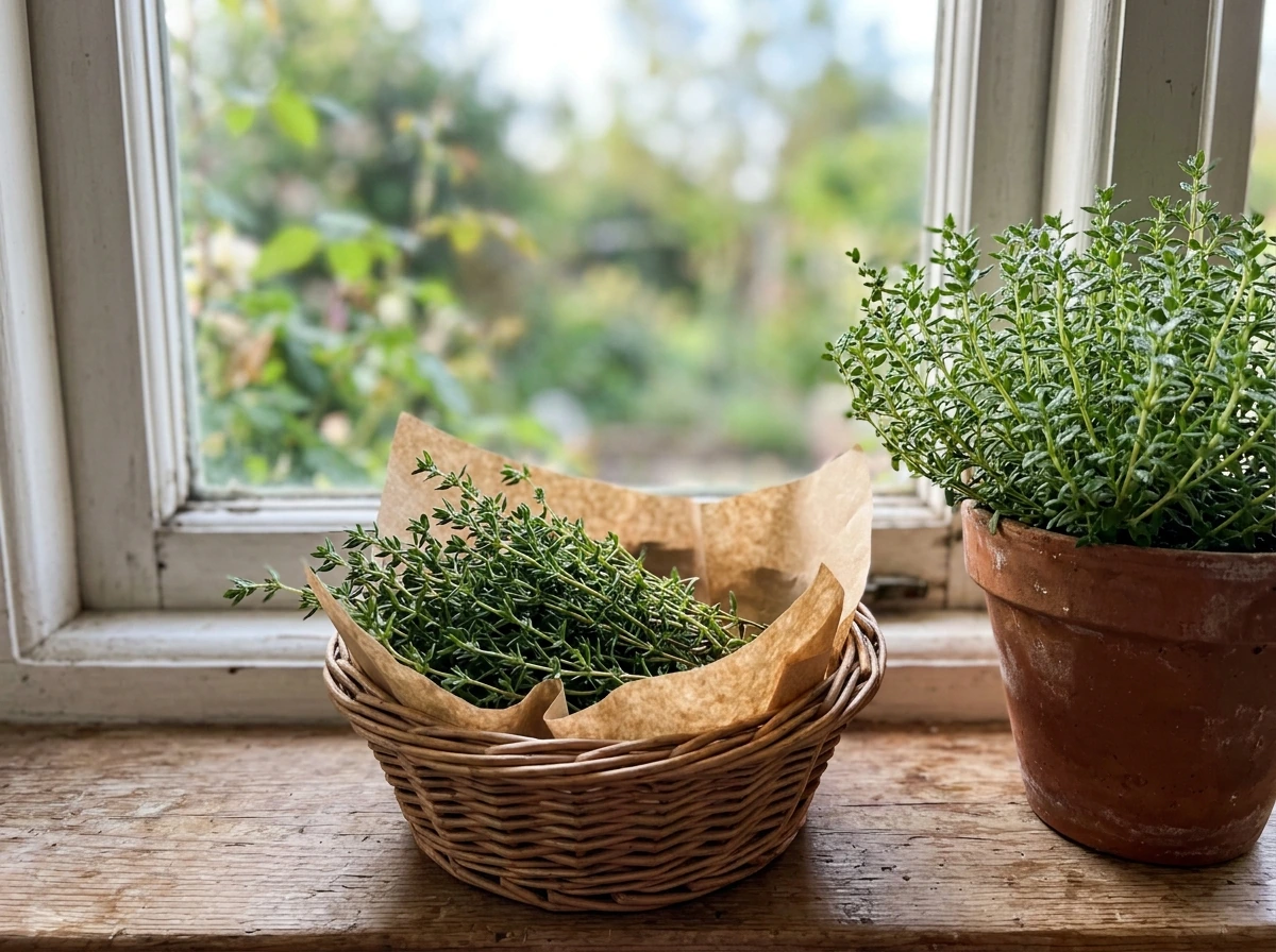Morning harvest of fragrant herbs in a small basket