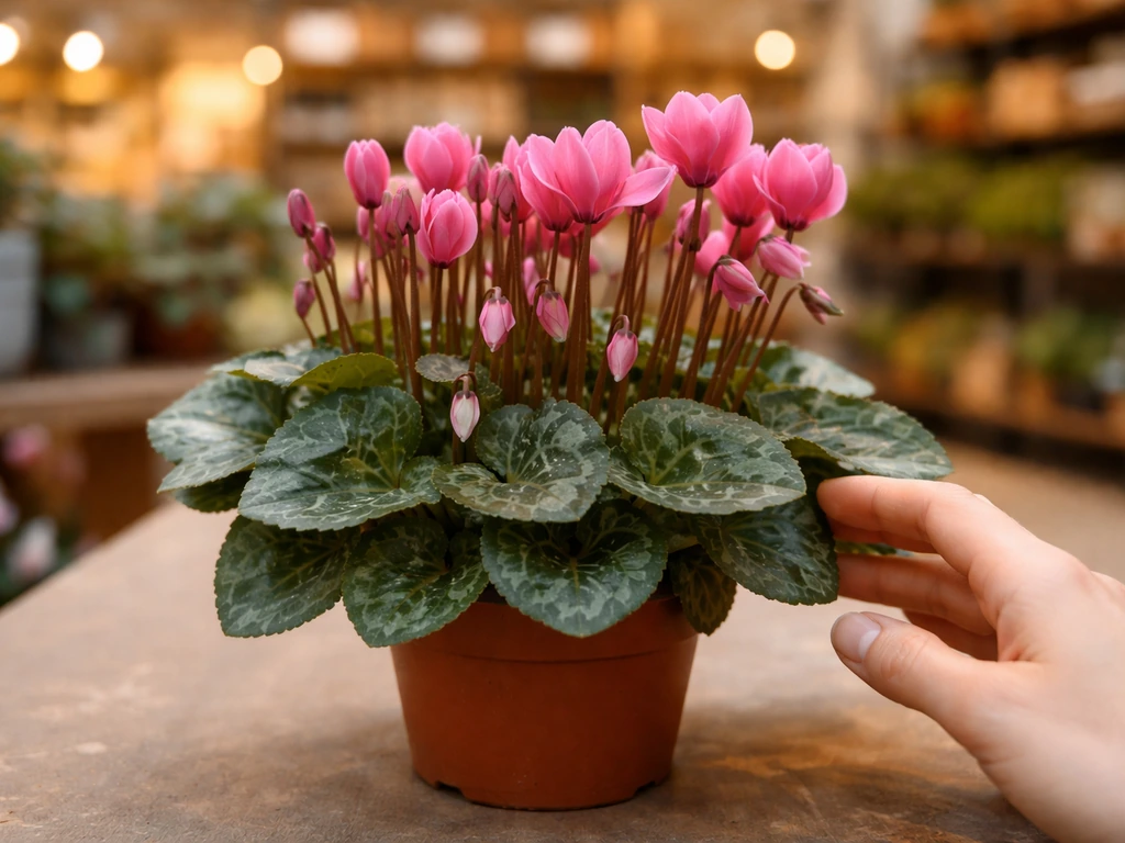 Close view of an indoor cyclamen pot at a store display with many buds still closed.
