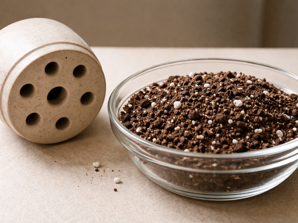 Close-up of free-draining cyclamen potting mix with perlite and a pot showing drainage holes.