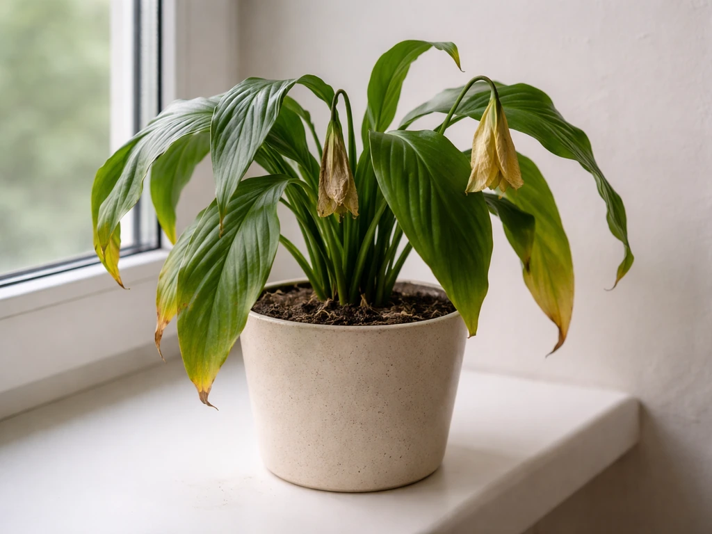 Potted indoor plant with drooping leaves and a few dull yellowing blooms on a windowsill