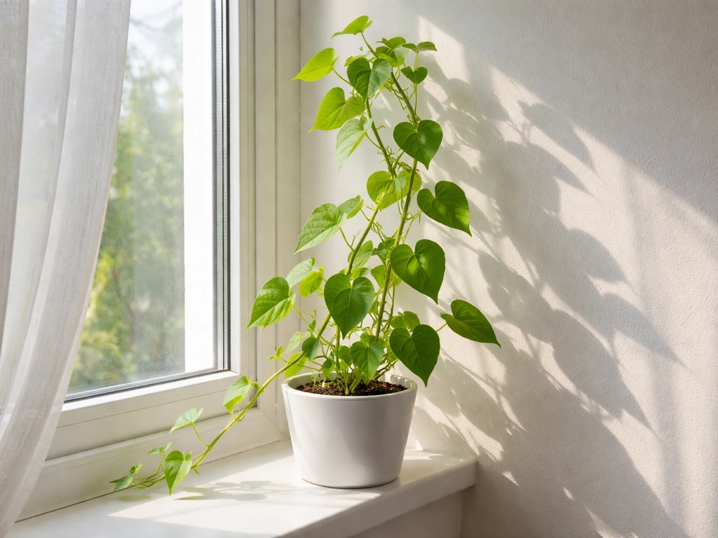 Morning glory plant close to a bright south-facing window with curtains slightly opened for strong light.