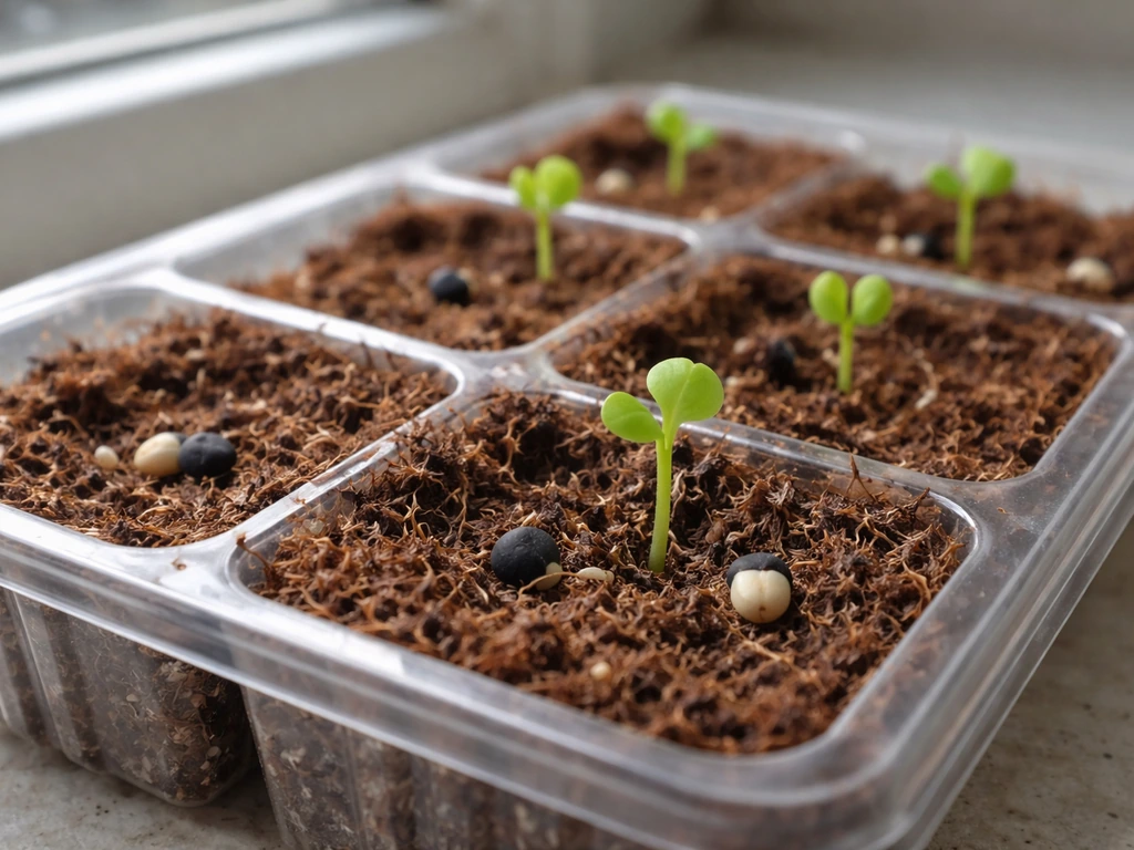 Close-up of morning glory seeds and tiny seedlings in small seed-starting trays, ready for transplant.