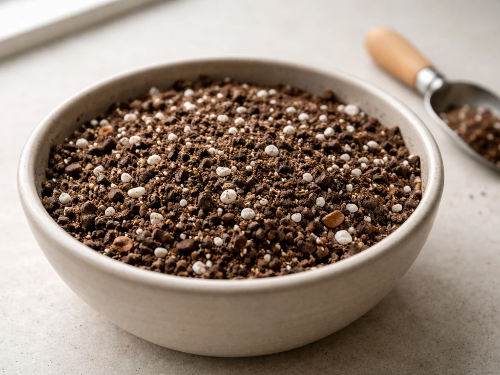 Close-up of well-draining potting mix with visible perlite texture in a shallow bowl ready for planting.