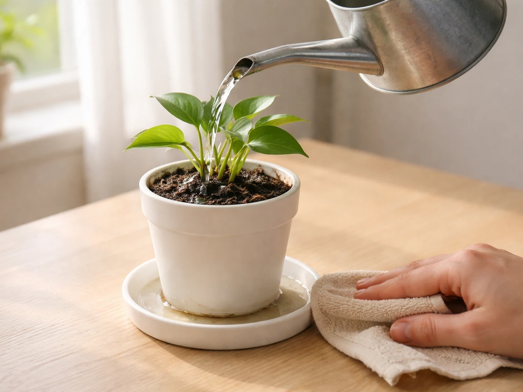 Watering can pouring into a small potted plant, with runoff handled to prevent soggy soil.