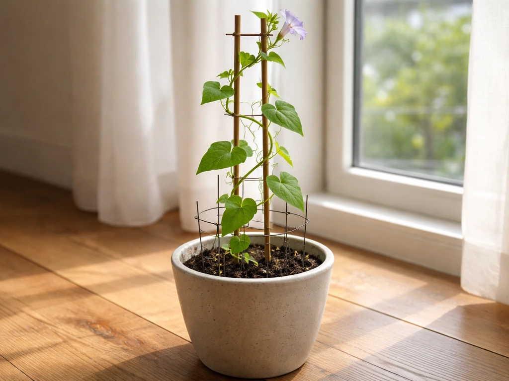 Morning glory vine wrapped around a small bamboo/wire trellis in an indoor potted setup near a sunny window.