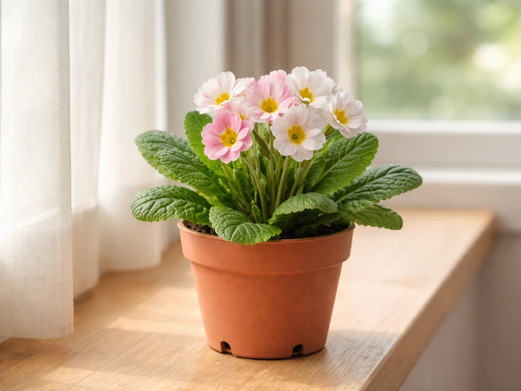 Indoor primula in a draining pot with healthy leaves and early spring blooms in bright indirect light.