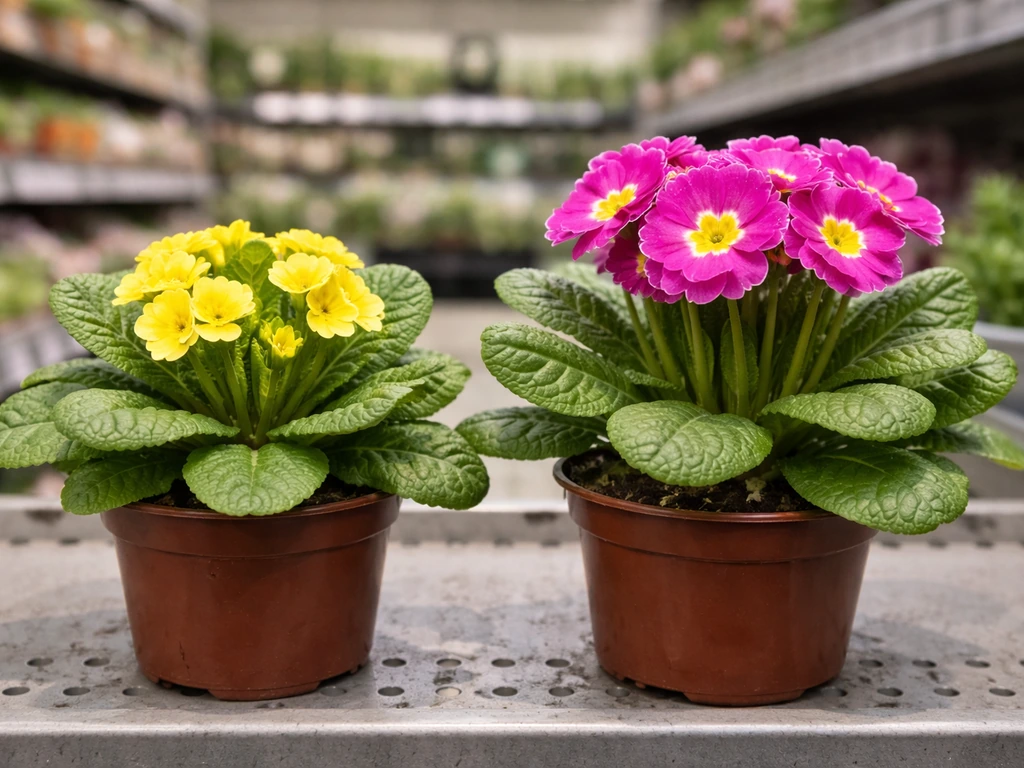 Two primula plants in small pots side by side on a grocery shelf, showing crown and flower details.