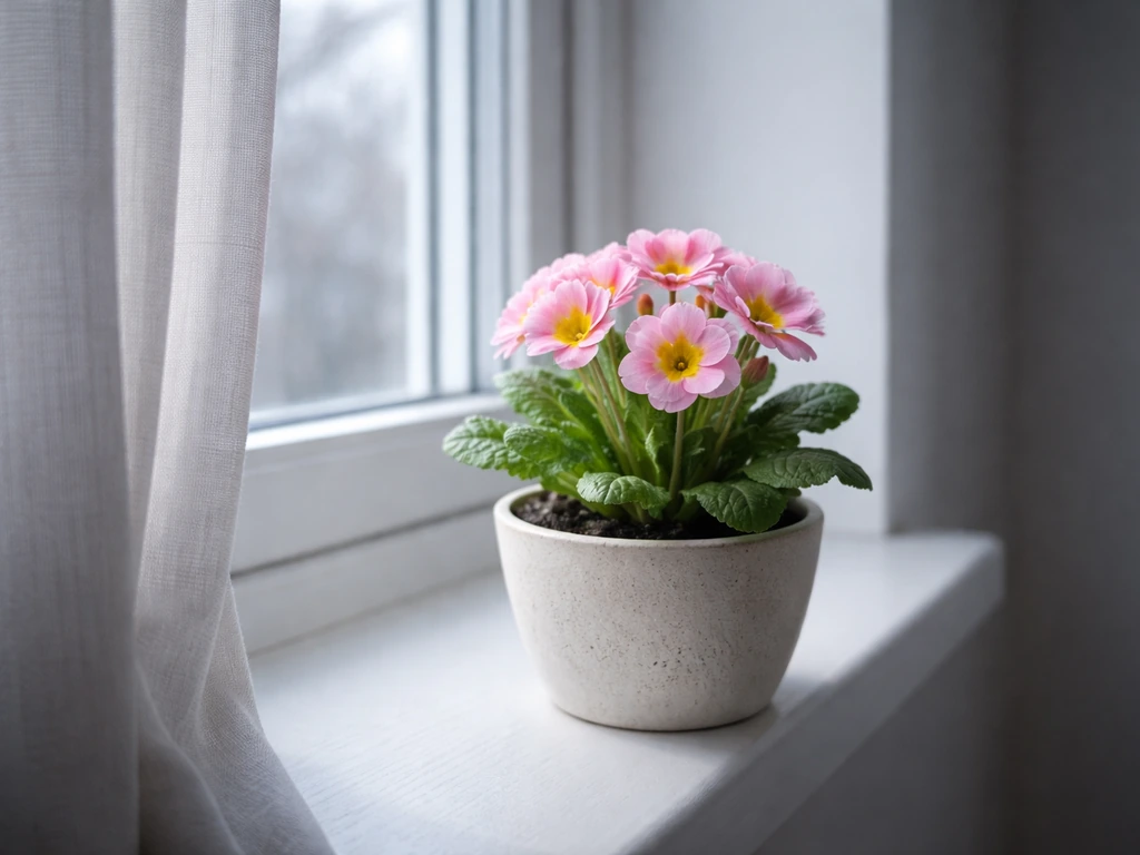 Primula plant on a shaded windowsill in a cool, draft-free living room setting.